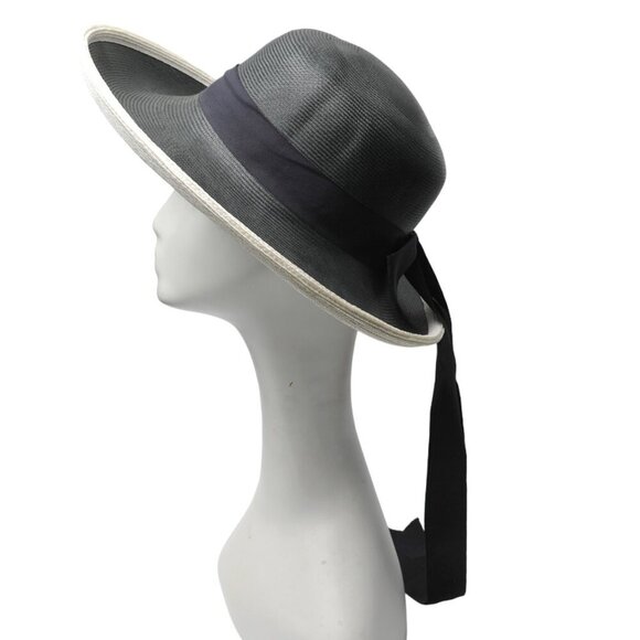 Vintage Filene's Wide Brim Straw Sun Hat Black White Grosgrain Ribbon Bow - Picture 10 of 10